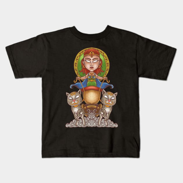 Goddess of the Norse: Viking Goddess Freya and Her Feline Chariot Kids T-Shirt by Holymayo Tee
